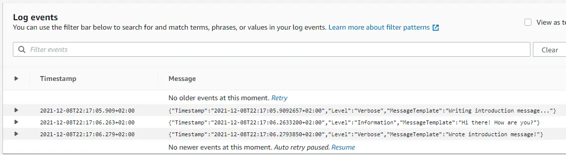 You should see the following output in AWS CloudWatch